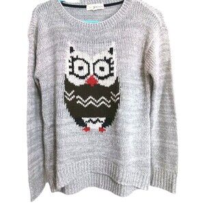Rewind Owl Face Knit Sweater Sz S Gray Crew Neck Long-sleeve 100% Soft Acrylic